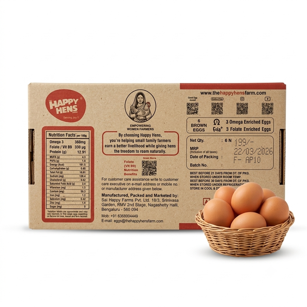 Eggs |High (Omega, Protein, Floate) – Free Range Egg – No Antibiotic & Hormone Free – Vitamin B9 Enriched Eggs, Increase Rbc, Healthy Heart & Immunity Booster – Happy Hens Farms – 6pcs