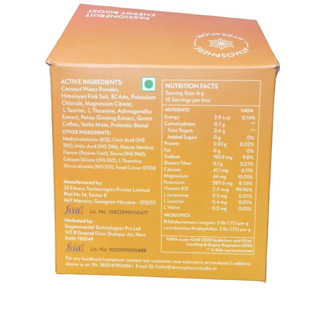Electrolyte Powder | Passion Fruit Energy Boost - Hydrating Electrolyte Mix (With Yerba Mate, Green Coffee, B12, Ginseng And L-Theanine)) - For Adults - No Added Sugar - Atmosphere - 90gm