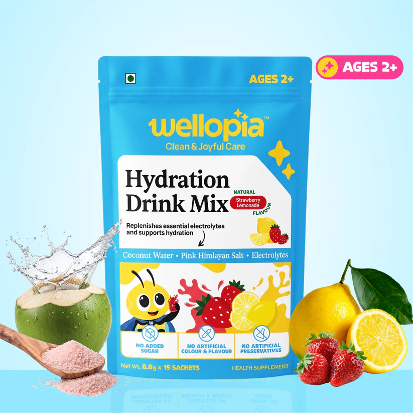 Hydration Drink Mix (Ages 2+)- Natural Strawberry Lemonade Flavour (Coconut Water, Pink Himlayan Salt) -No Artificial Preservatives - No Artificial Colors- No Refined Sugar - Wellopia- (15 Sachets) -6gm