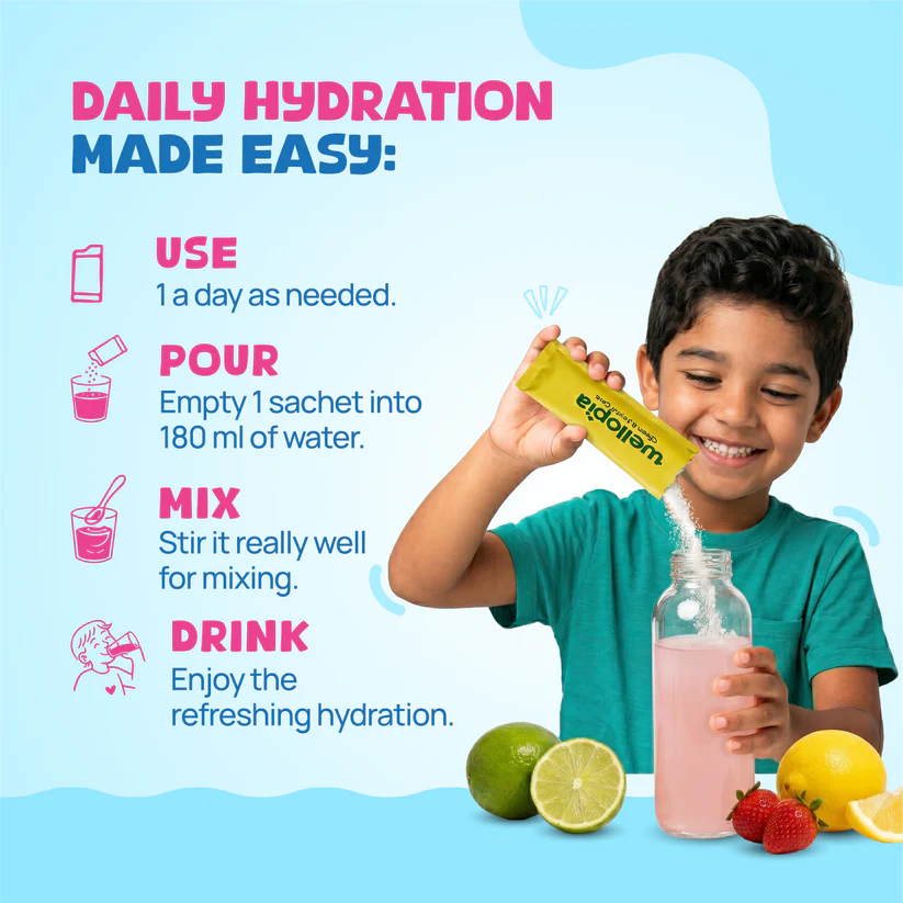 Hydration Drink Mix (Ages 2+)- Natural Strawberry Lemonade Flavour (Coconut Water, Pink Himlayan Salt) -No Artificial Preservatives - No Artificial Colors- No Refined Sugar - Wellopia- (15 Sachets) -6gm