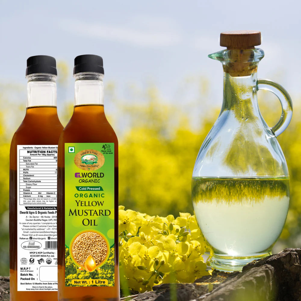 Mustard Oil | Yellow Mustard Oil - Organic - Cold Pressed - No Added Chemicals & Pesticides Free - Elworld - Organic - 1000ml