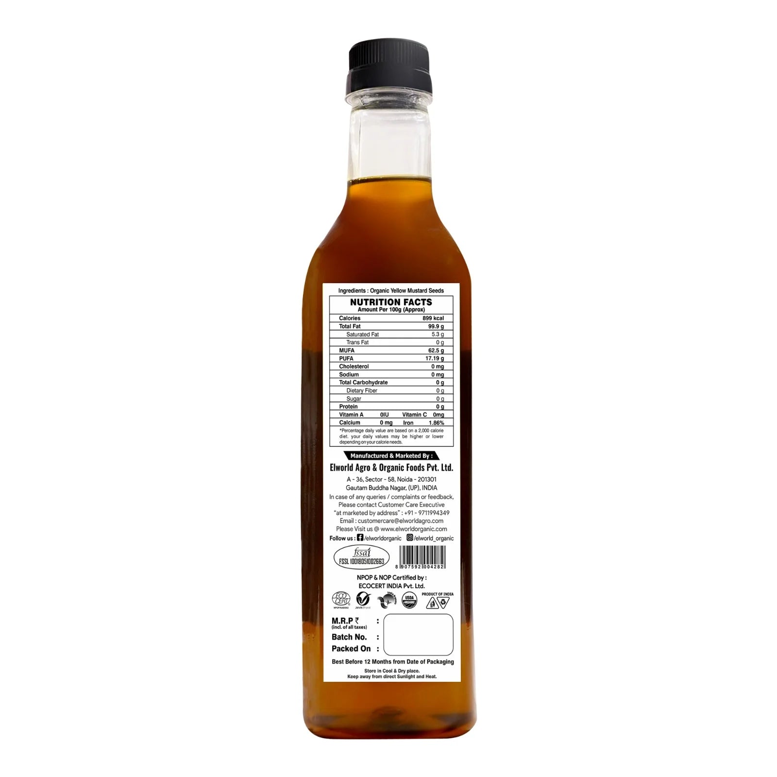 Mustard Oil | Yellow Mustard Oil - Organic - Cold Pressed - No Added Chemicals & Pesticides Free - Elworld - Organic - 1000ml