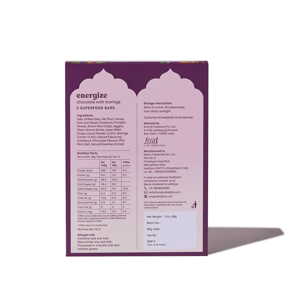 Energize Chocolate With Moringa (Super Food Bar) - Indian - Gluten Free, No Refined Sugar & Supports Immunity - Jungly Delights - 38gm
