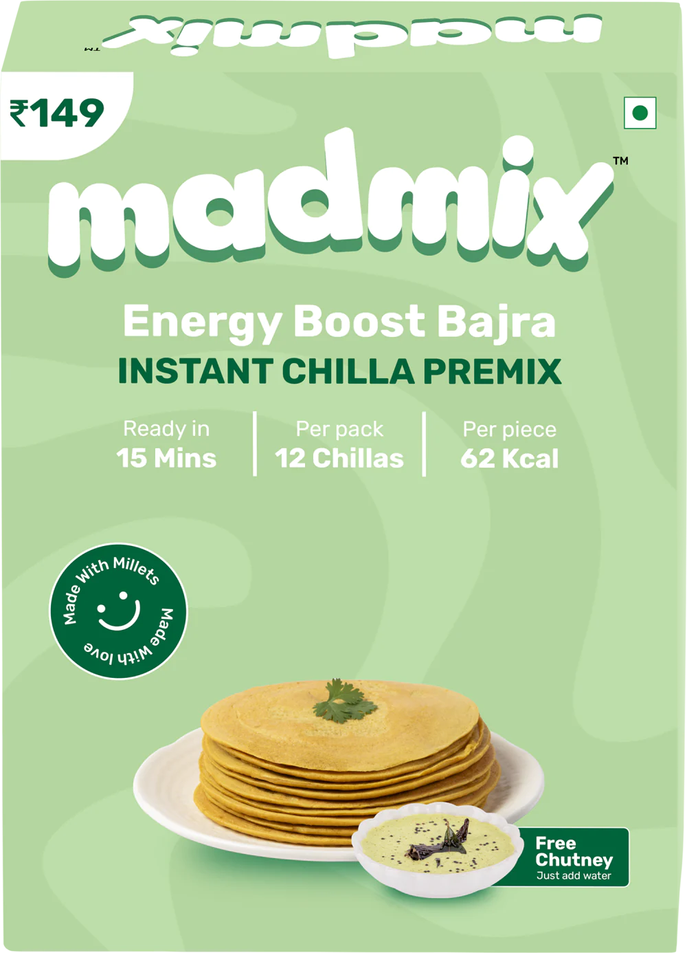 Chilla Premix | Instant - Energy Boost Bajra (Made With Millets) - Per Piece 62 Kcal - Gluten Free, No Trans Fat, No MSG & No Added Preservatives - Per Pack 12 Chillas - madmix - 270gm