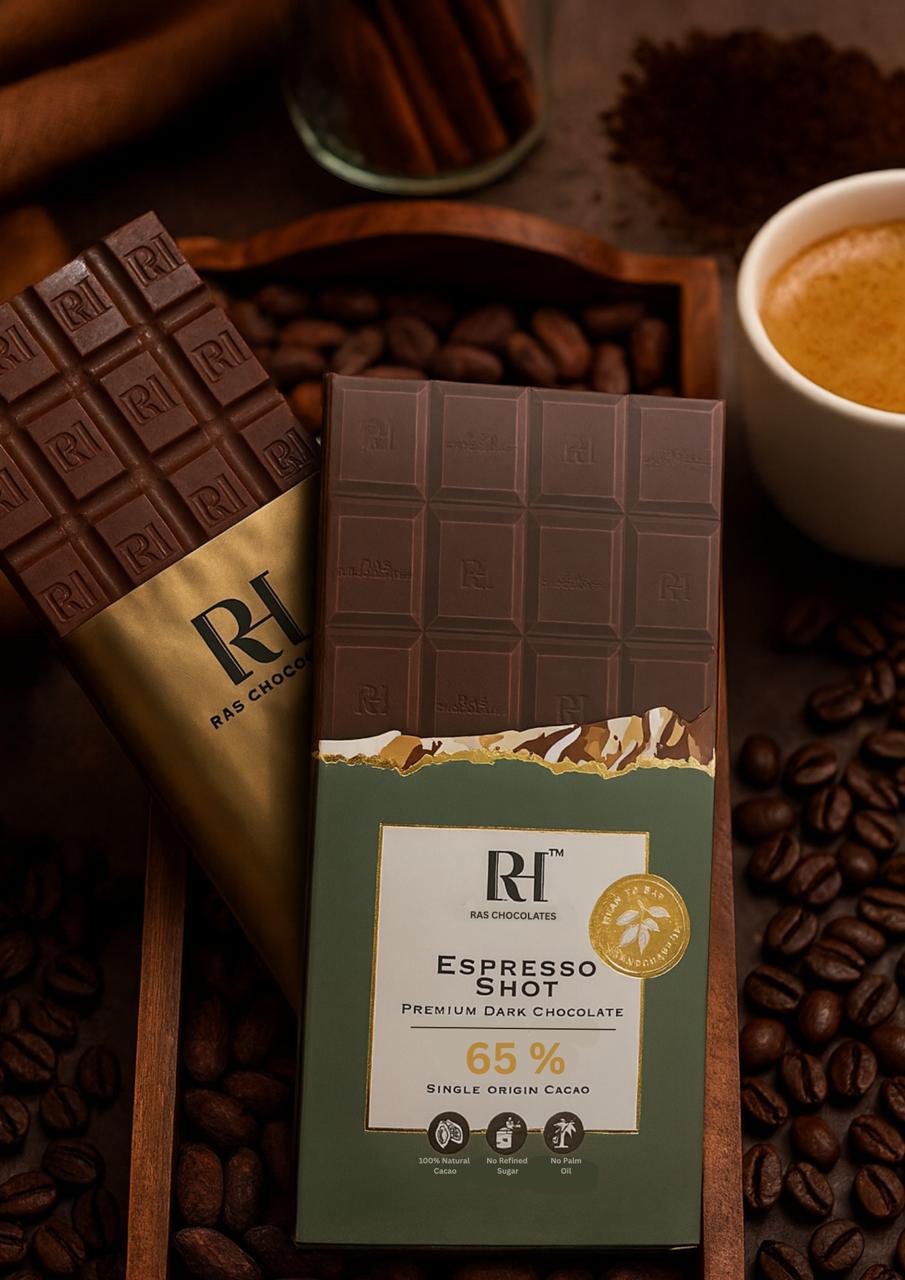 Dark Chocolate | Espresso Shot Premium Dark Chocolate - 65% Single Origin Cacao - Bean To Bar - Handcrafted - 100% Natural Cacao - No Refined Sugar & No Palm Oil - Ras Chocolate - 80gm