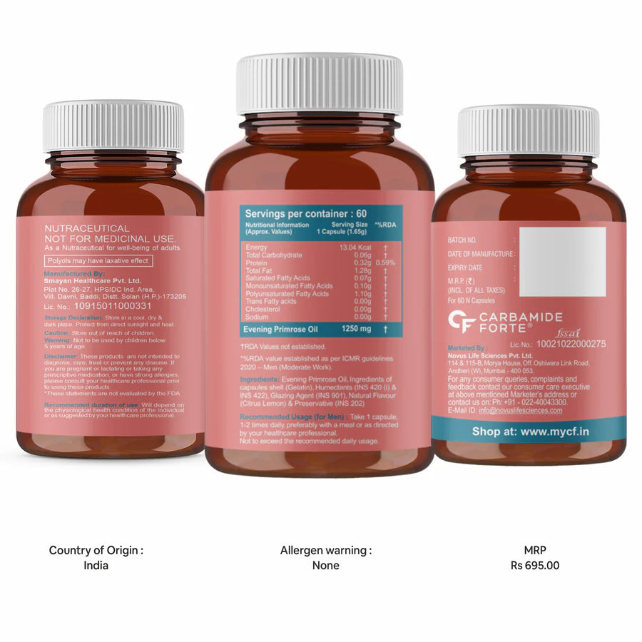 Evening Primrose Oil | Primrova - Supports Heart, Skin & Immunity - Cold Pressed - Gluten Free, Hexane Free, Paraben Free & No Added Preservatives - Carbamide Forte - (1250mg) - 60 Capsules