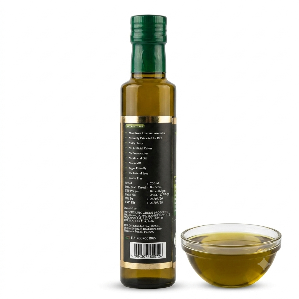 Avocado Oil | Extra Virgin Avocado Cooking Oil (Salad Oil)-USDA Organic, Gluten Free, Vegan - Cold Pressed-No Preservatives, Non Gmo -MRT Organics- 250ml