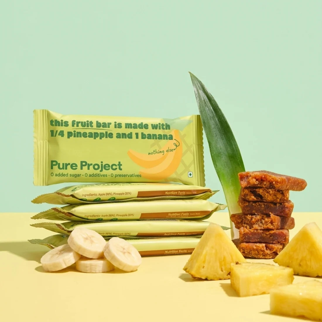 Fruit Bar | Pineapple Banana Fruit Bar - Vegan, Gluten Free & High Fiber-No Added sugar, No preservatives - Pure Project - 25gm