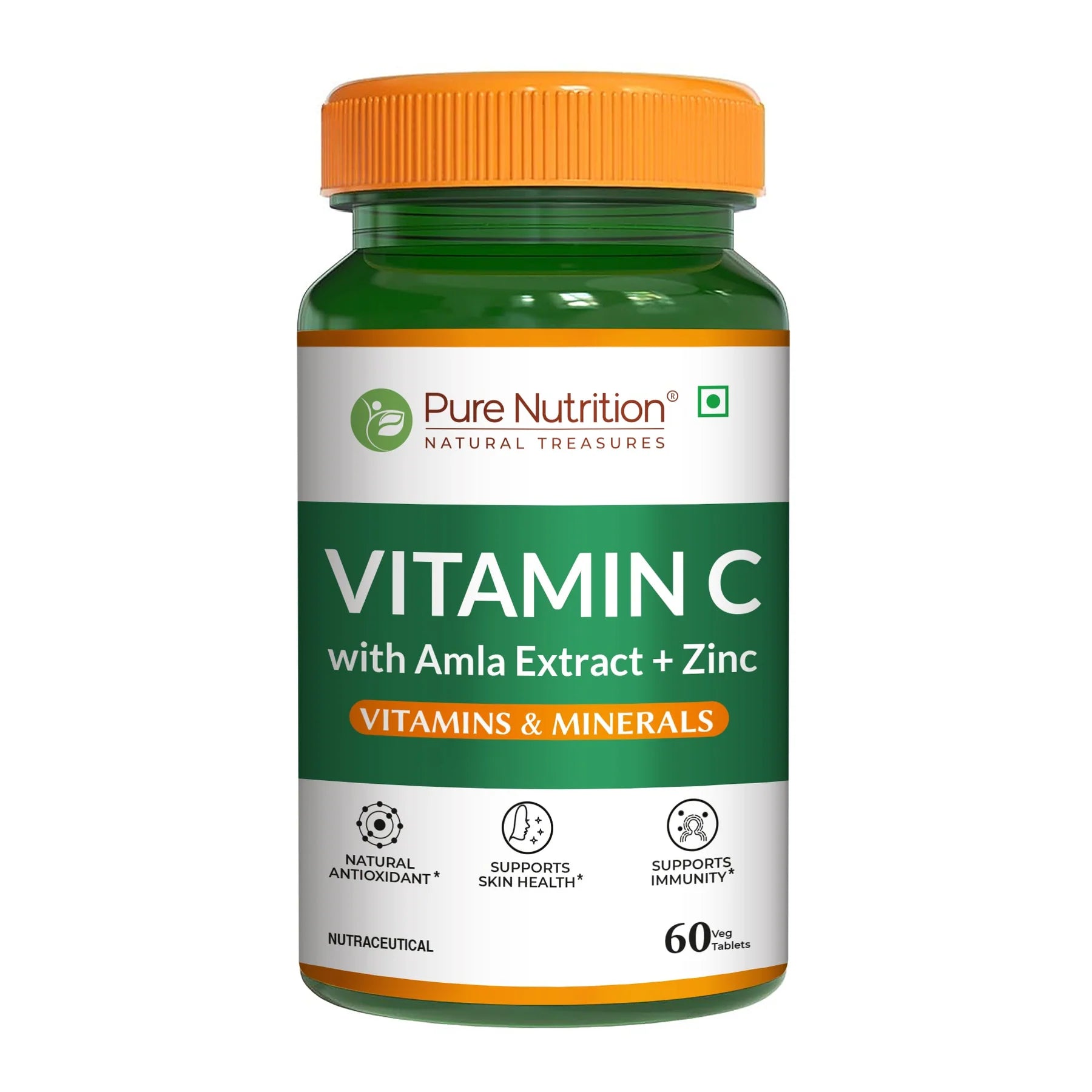 Supplement | Vitamin C With Amla Extract +Zinc (Vitamin & Mineral) -Boost Immunity , Support In Skin & bone Health – Pure Nutrition – 60 Capsules