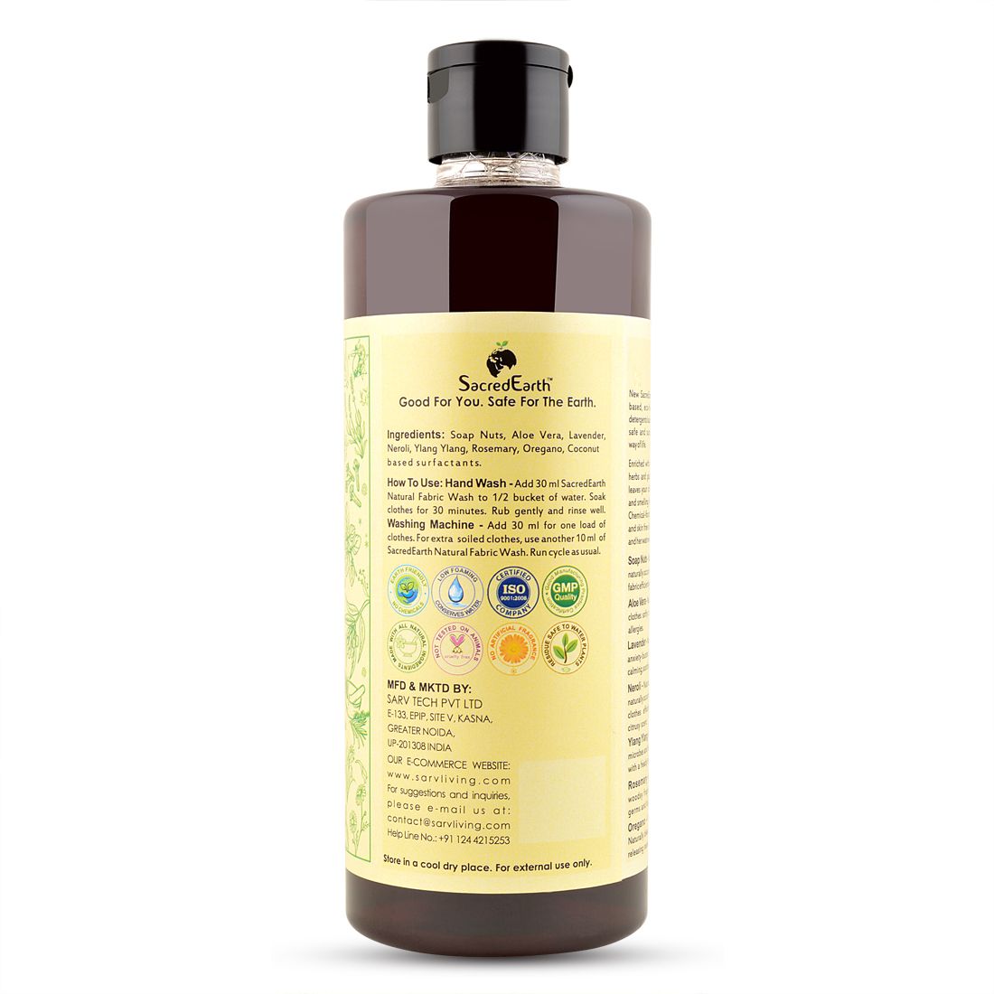 Fabric Wash | (Made From Soapnuts, Rosemary, Lavender, ylang ylang & Neroli) - Natural - Environment Friendly, No Artificial Additive, Fragrances, Enzymes & Bleaches - Sacred Earth – 500ml
