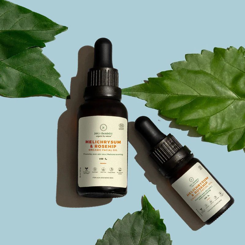 Facial Oil l Helichrysum And Rosehip - Promotes Even Skin Tone - Reduces Scarring - COSMOS Organic - Cruelty Free, Vegan, Gmo Free, Zero Dyes, Zero Sulphates & No Added Color - Juicy Chemistry - 30ml