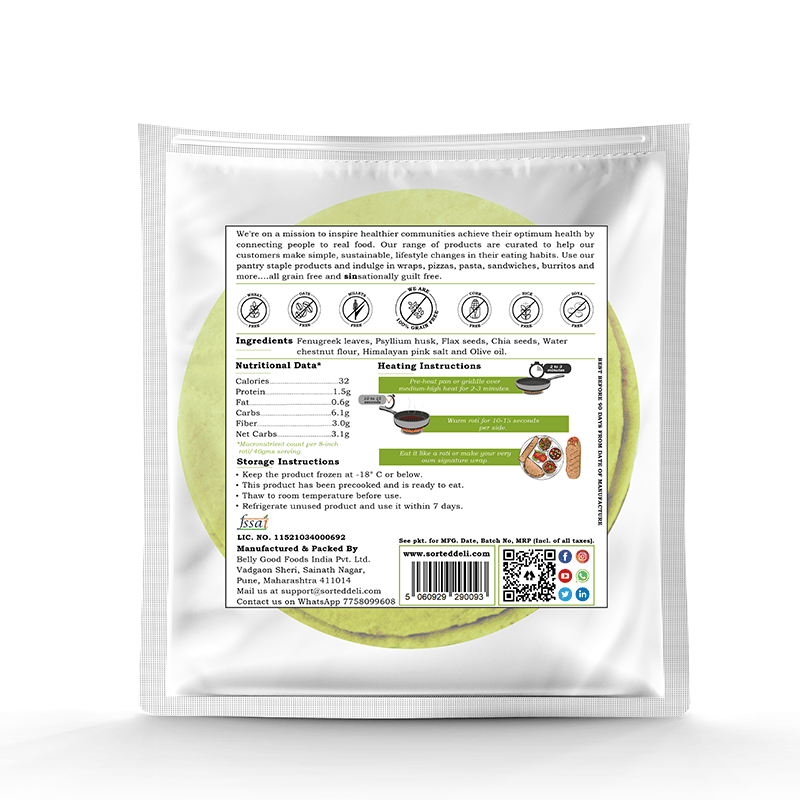 Tortilla | Fenugreek Roti – Wrap – 3.1gms Net Carbs - Vegan, Gluten Free, No Maida, Keto Friendly, Diabetic Friendly & No Additives – Get Sorted – Pack Of 5
