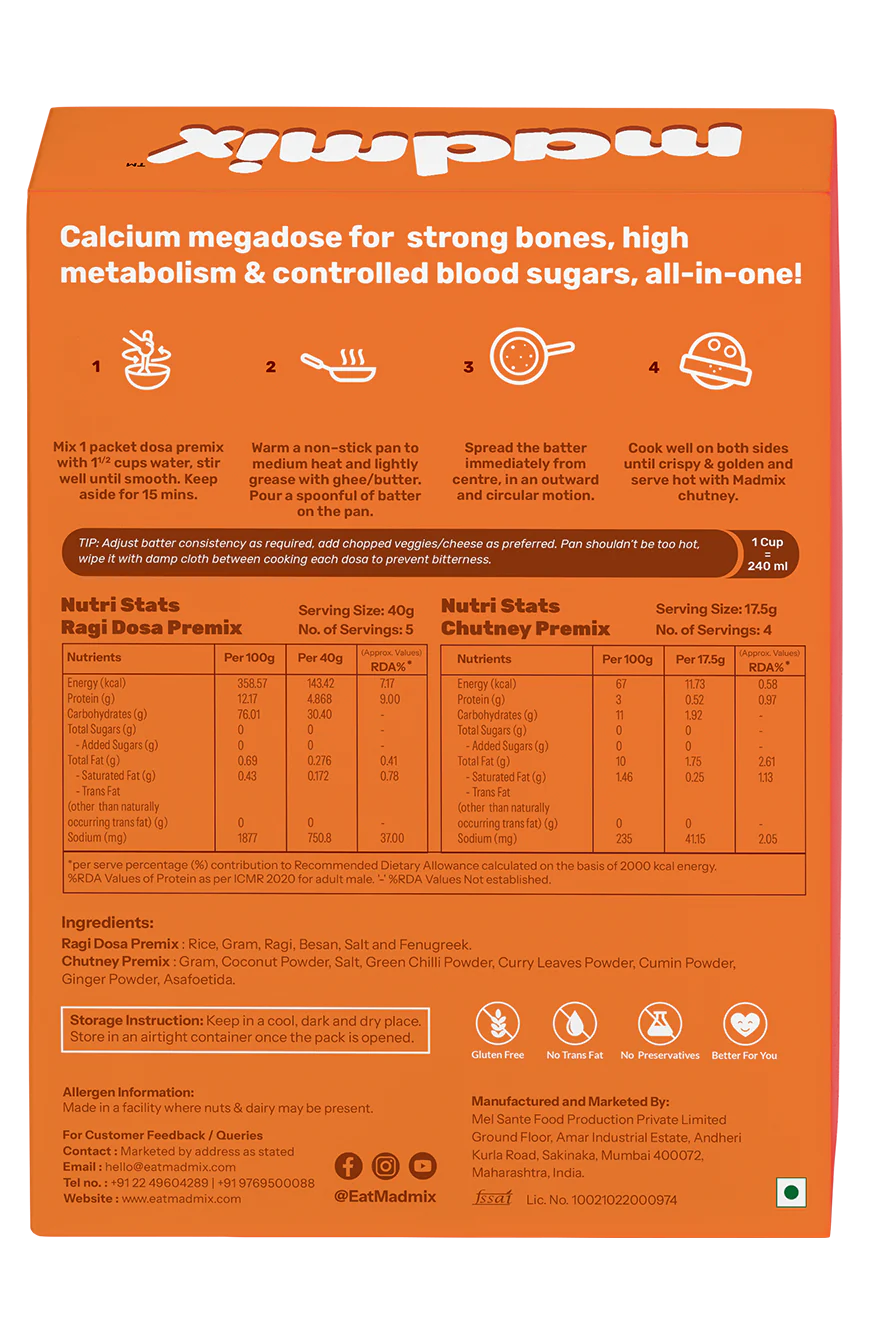Dosa Premix | Fibre Rich Ragi (Made With Millets) – Per Piece 59 Kcal – Gluten Free, No Trans Fat, No MSG & No Added Preservatives – Per Pack 12 Dosas – madmix – 270gm