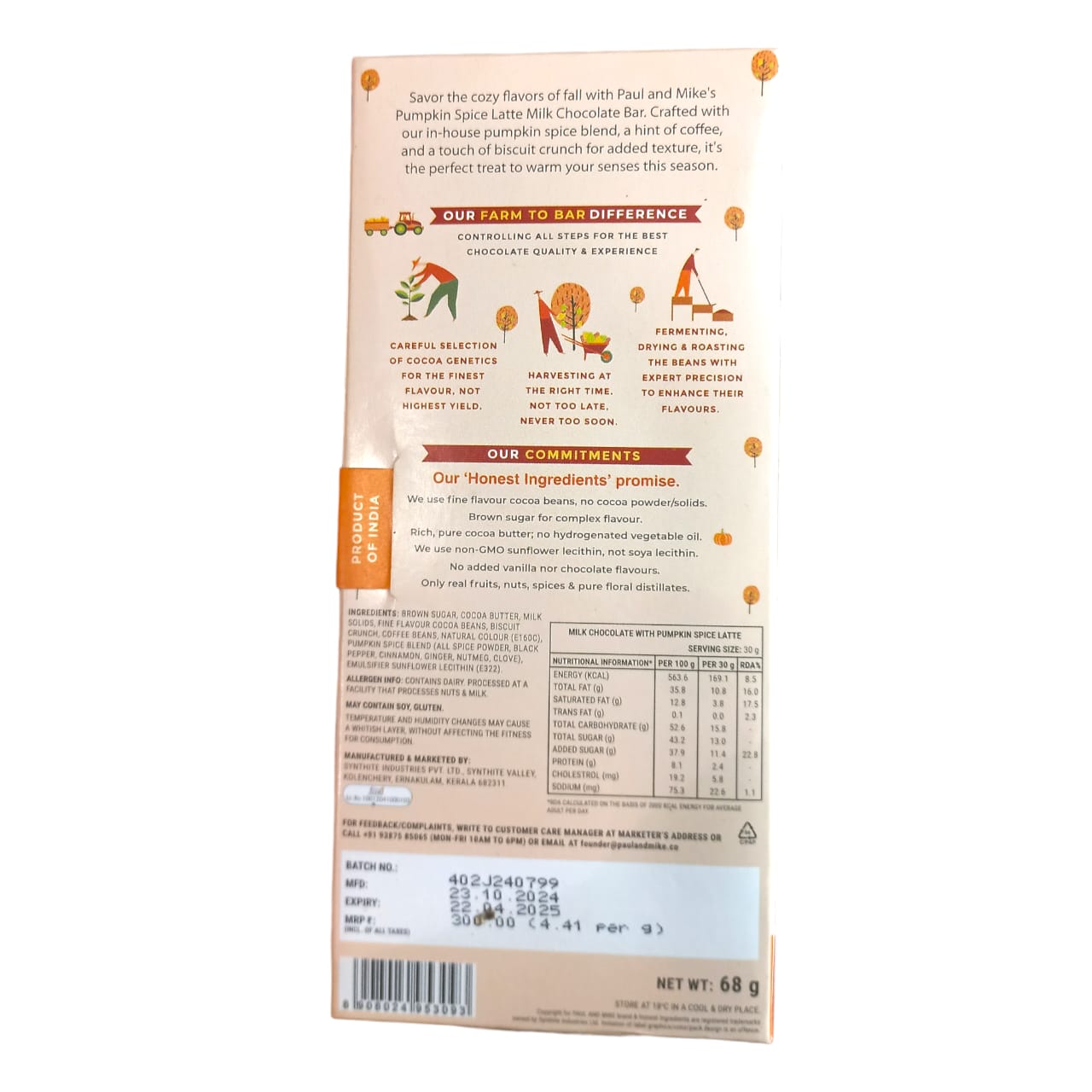 Milk Chocolate | Fine Milk Chocolate With Pumpkin Spice - No Added Chocolate Flavours & Non GMO Sunflower Lecithin - Paul And Mike – 68gm