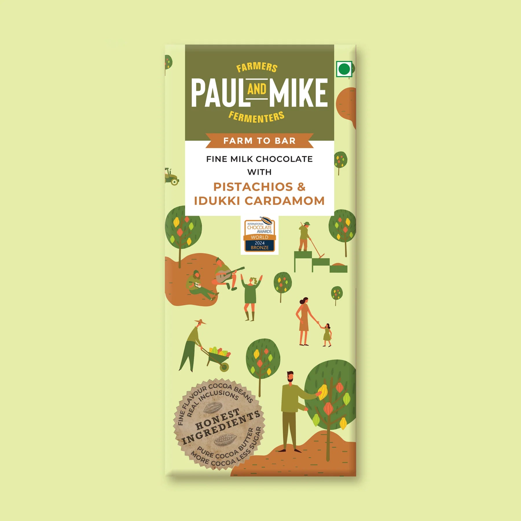 Milk Chocolate | Fine Milk Pistachios & Idukki Cardamom Chocolate - No Added Vanilla Nor chocolate Flavors - Paul & Mike - 96gm