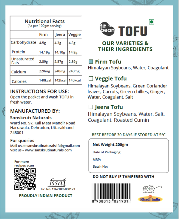 Tofu | Firm - Cholesterol Free, High In Protein, Low Fat & Preservatives Free - Fit Bean - 200gm