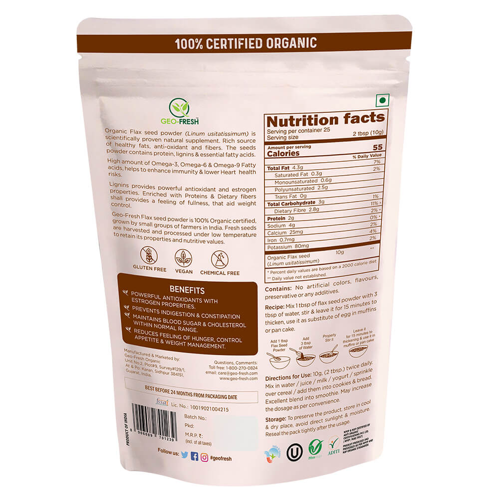 Flax Seed Powder | USDA Organic - Geo Fresh - 250gm