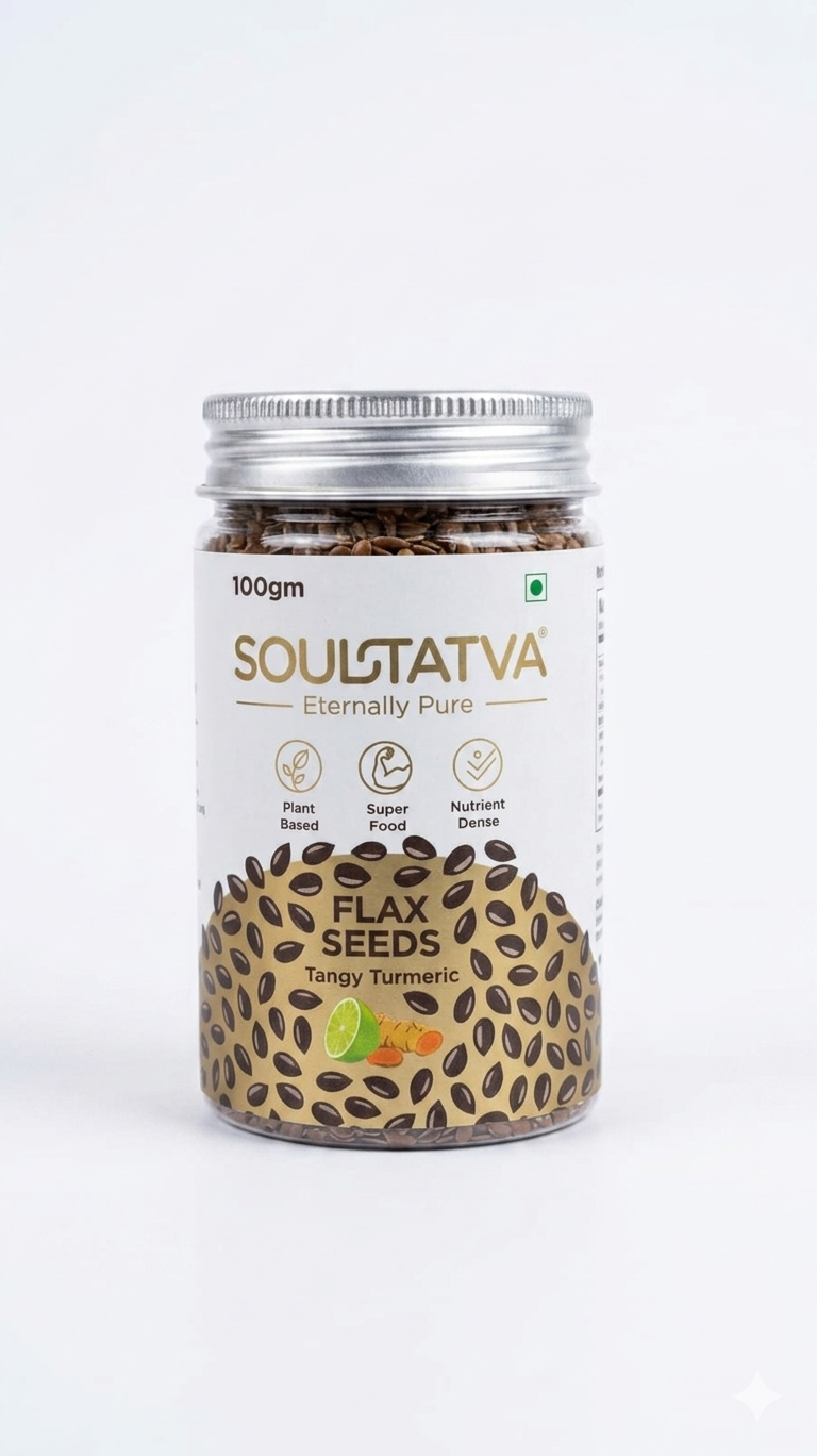Flax Seeds (Tangy Turmeric) - Vegan, Gluten-Free, USDA Organic - Plant Based, Super Food, Nutrient Dense-Healthy Heart, Dietary Fibre-No Chemical Preservatives & Additives - Soultatva – 100gm