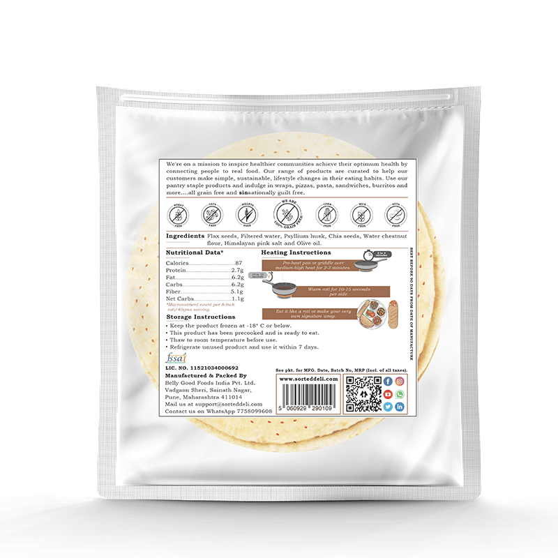 Tortilla | Flaxseed Roti – Wrap – 3.1gms Net Carbs - Vegan, Gluten Free, No Maida, Keto Friendly, Diabetic Friendly & No Additives – Get Sorted – Pack Of 5