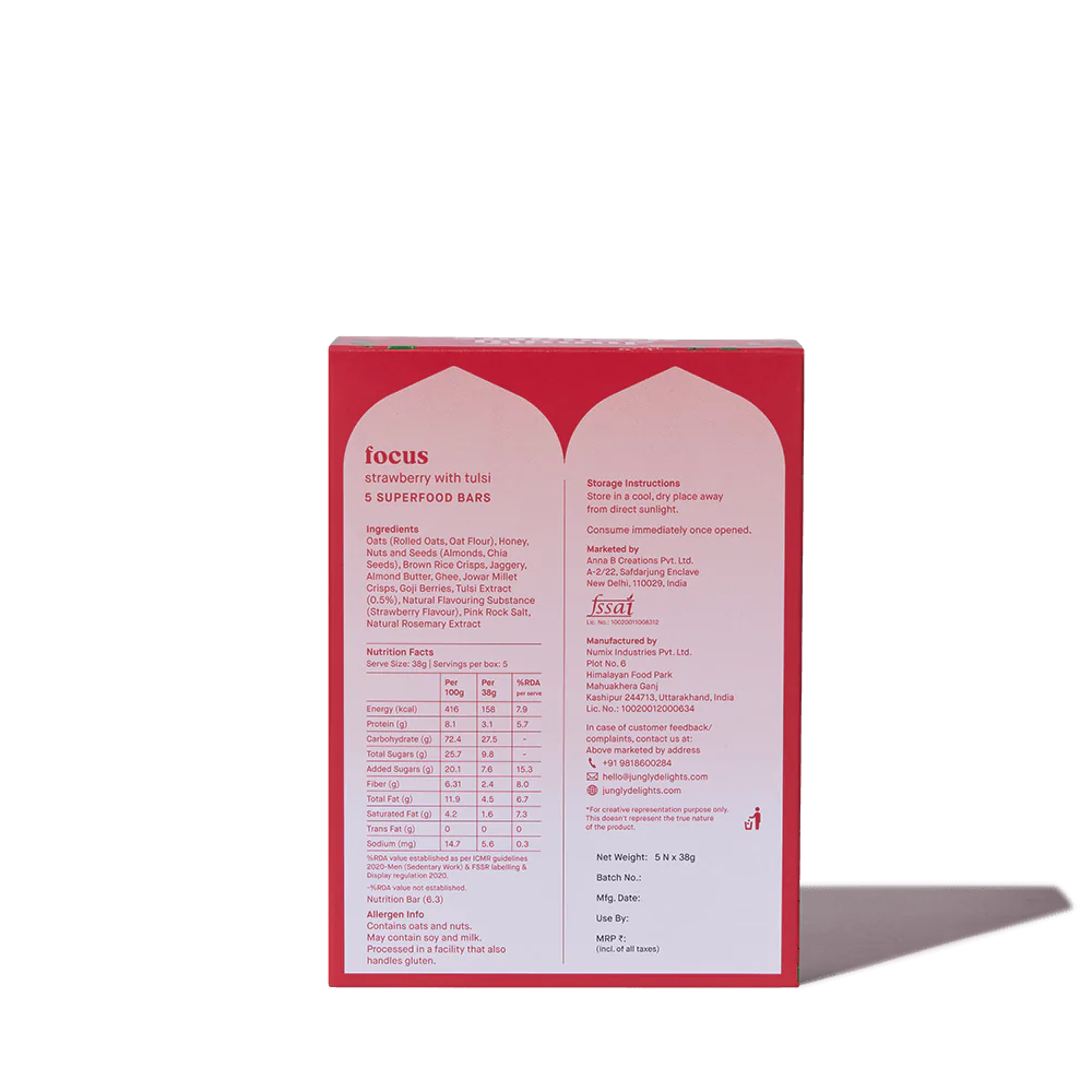 Focus Strawberry With Tulsi (Super Food Bar) - Indian - Gluten Free, No Refined Sugar & Support Immunity - Jungly Delights - 38gm