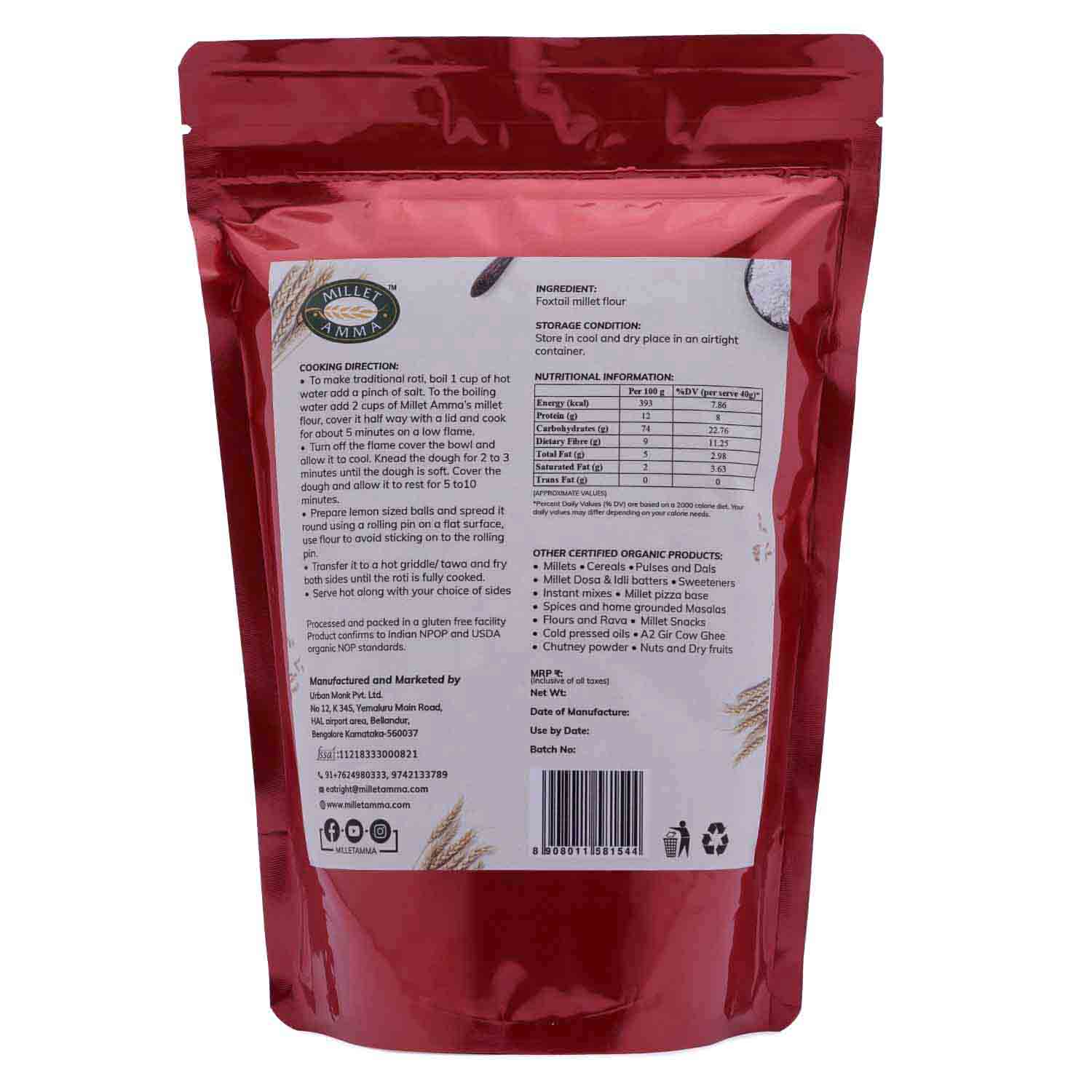 Foxtail Flour | Millet - Good For Cardiac Health, Skin & Hair Growth - Vegan & Gluten Free – Millet Amma – 500gm