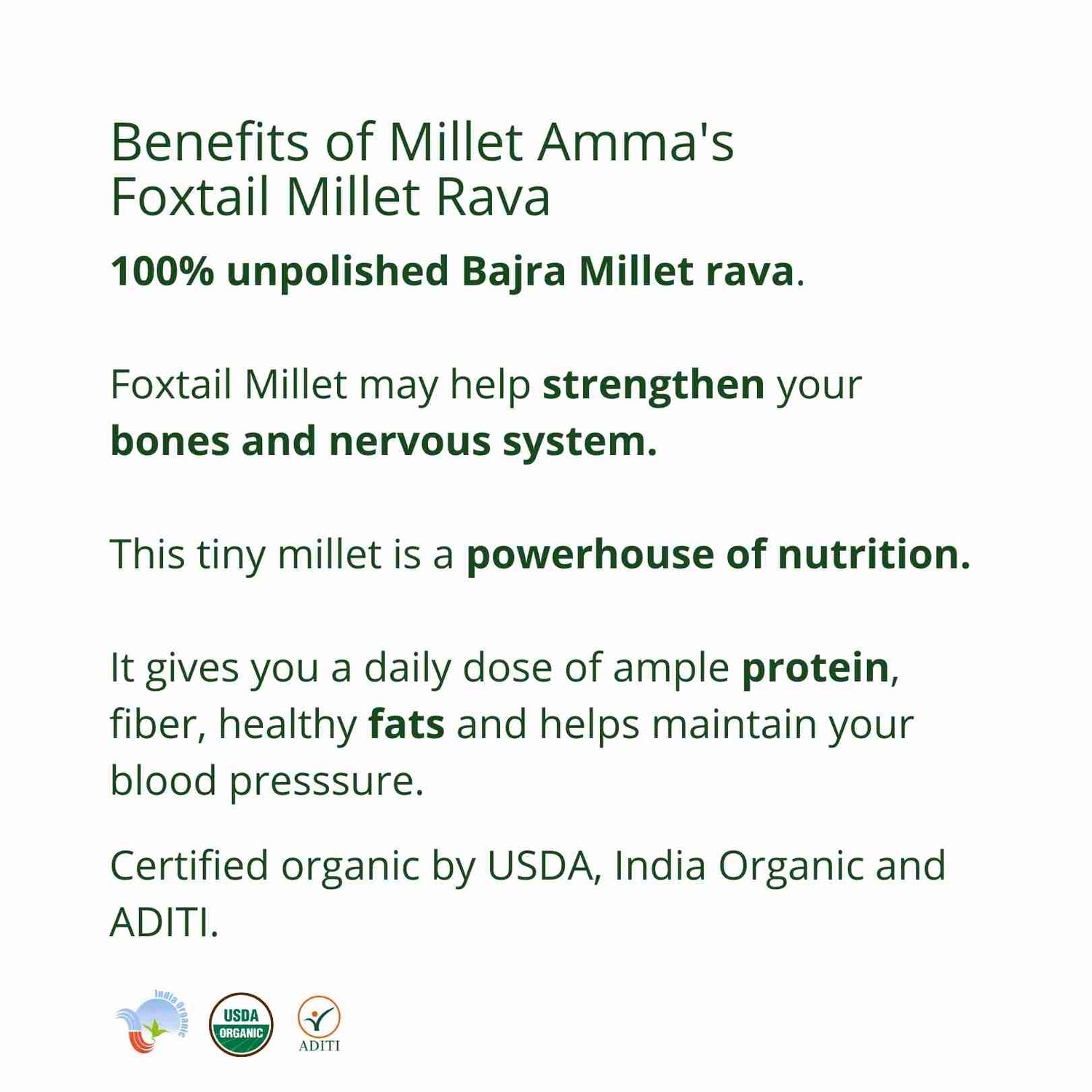 Foxtail Millet Rava – Vegan, Gluten Free, High Protein & High Fiber – Millet Amma – 500gm