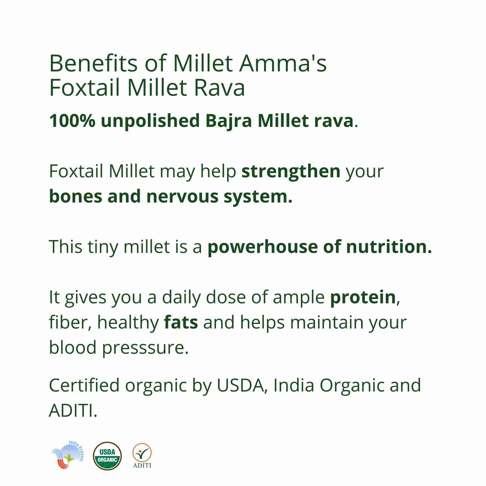 Foxtail Millet Rava – Vegan, Gluten Free, High Protein & High Fiber – Millet Amma – 500gm