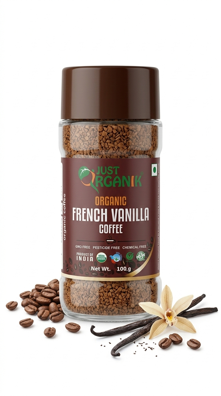 Coffee | French Vanilla Coffee - GMO Free, Pesticide Free & Chemical Free - USDA Organic - Just Organik - 100gm