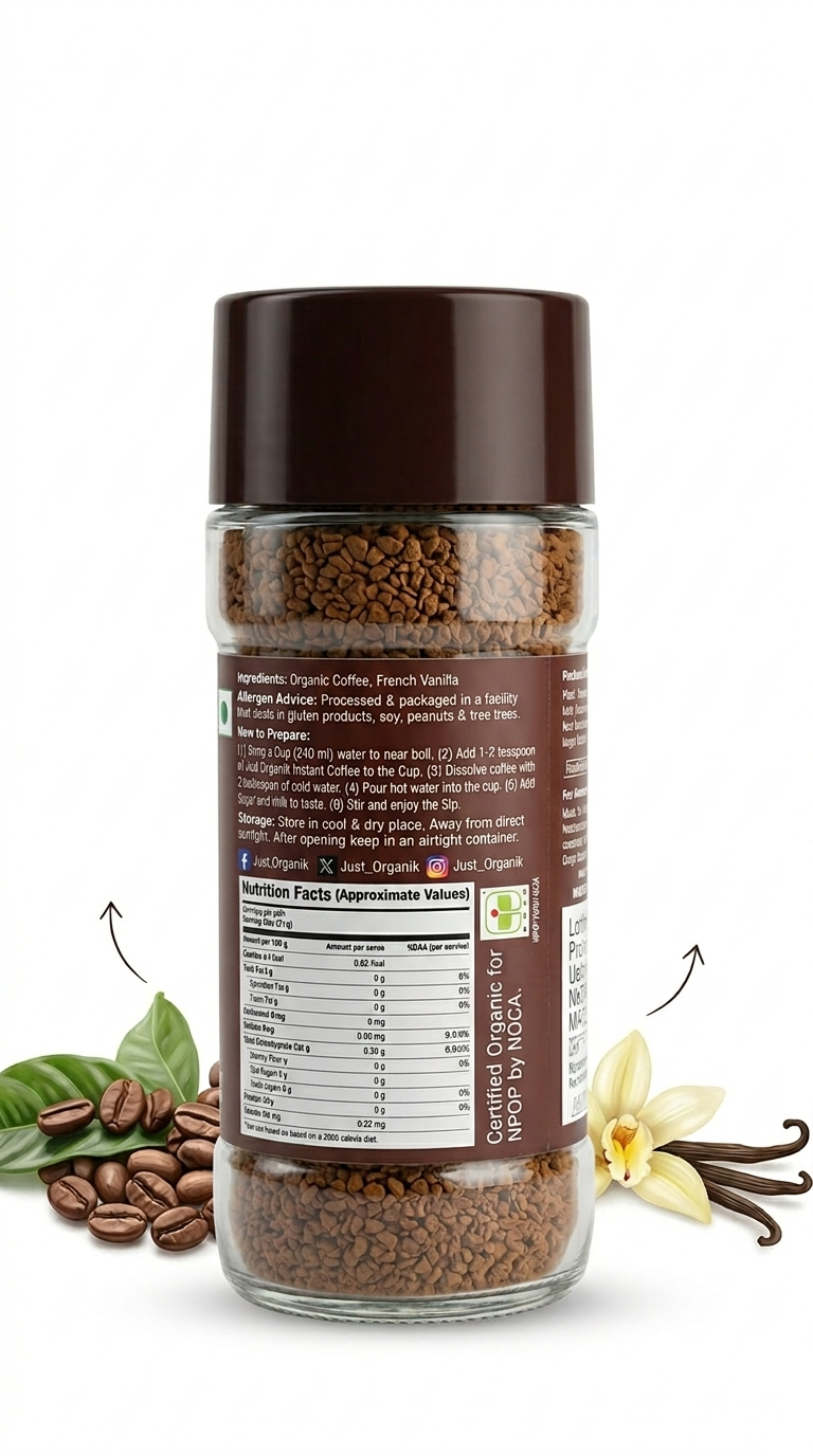 Coffee | French Vanilla Coffee - GMO Free, Pesticide Free & Chemical Free - USDA Organic - Just Organik - 100gm