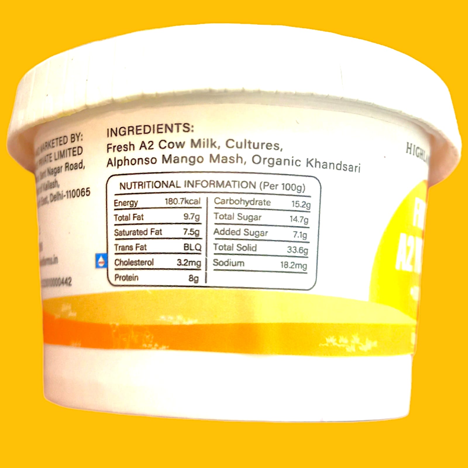 Yogurt | Frozen A2 Milk Yogurt (Mango) – Made With A2 Cow Milk – No Added Preservatives & No Artificial Flavour Or Colours – Highland Farms – 120gm