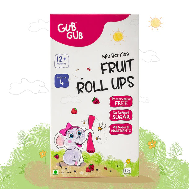 Fruit Roll Ups | (Mix Berries) – 12+ Months – All Natural Ingredients – No Added Preservatives & No Refined Sugar – GUB GUB – Pack Of 4
