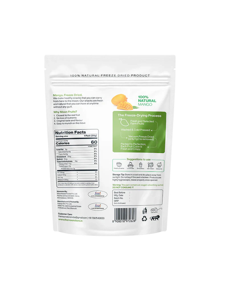 Fruit Bites | Mango (Goodness Of Fresh Mango) - 100% Natural Freeze Dried Fruit Cubes - Vegan, Gluten Free, No Added Sugar, No MSG, No GMO & No Added Preservatives - Moon - 16gm