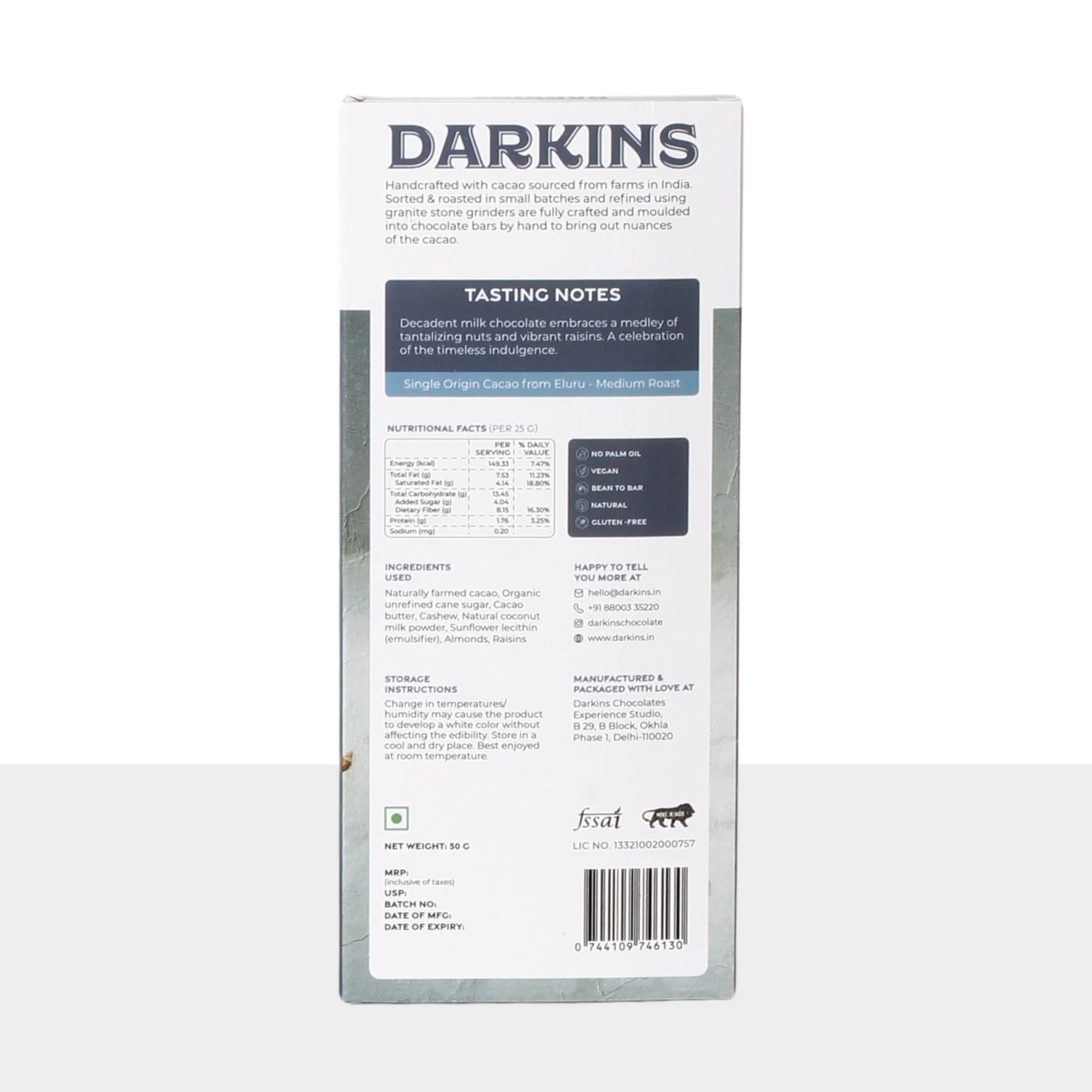 Milk Chocolate | Mylk - Fruits & Nuts - Bean To bar - Natural - Vegan, Gluten Free & No Palm Oil - Darkins - 50gm