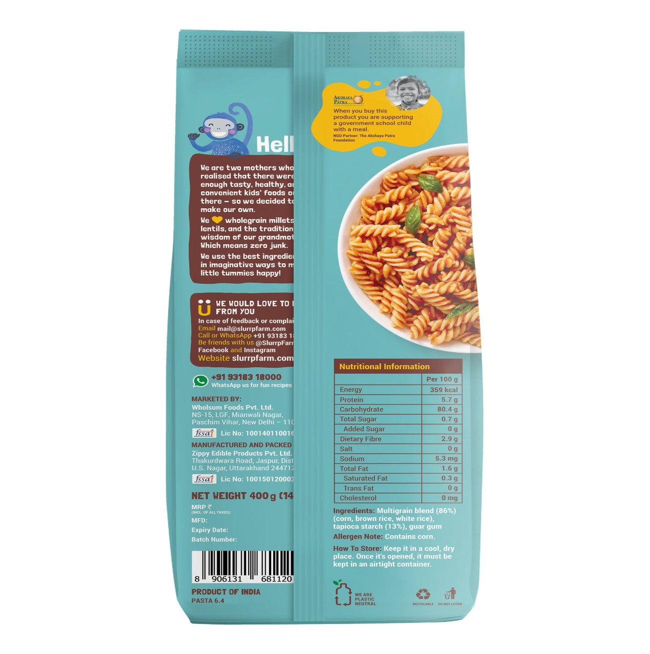 Multigrain Fusilli Pasta – Indian - Vegan, Gluten Free, No Wheat, Zero Trans Fat & High Fiber – Slurrp Farm – 400gm