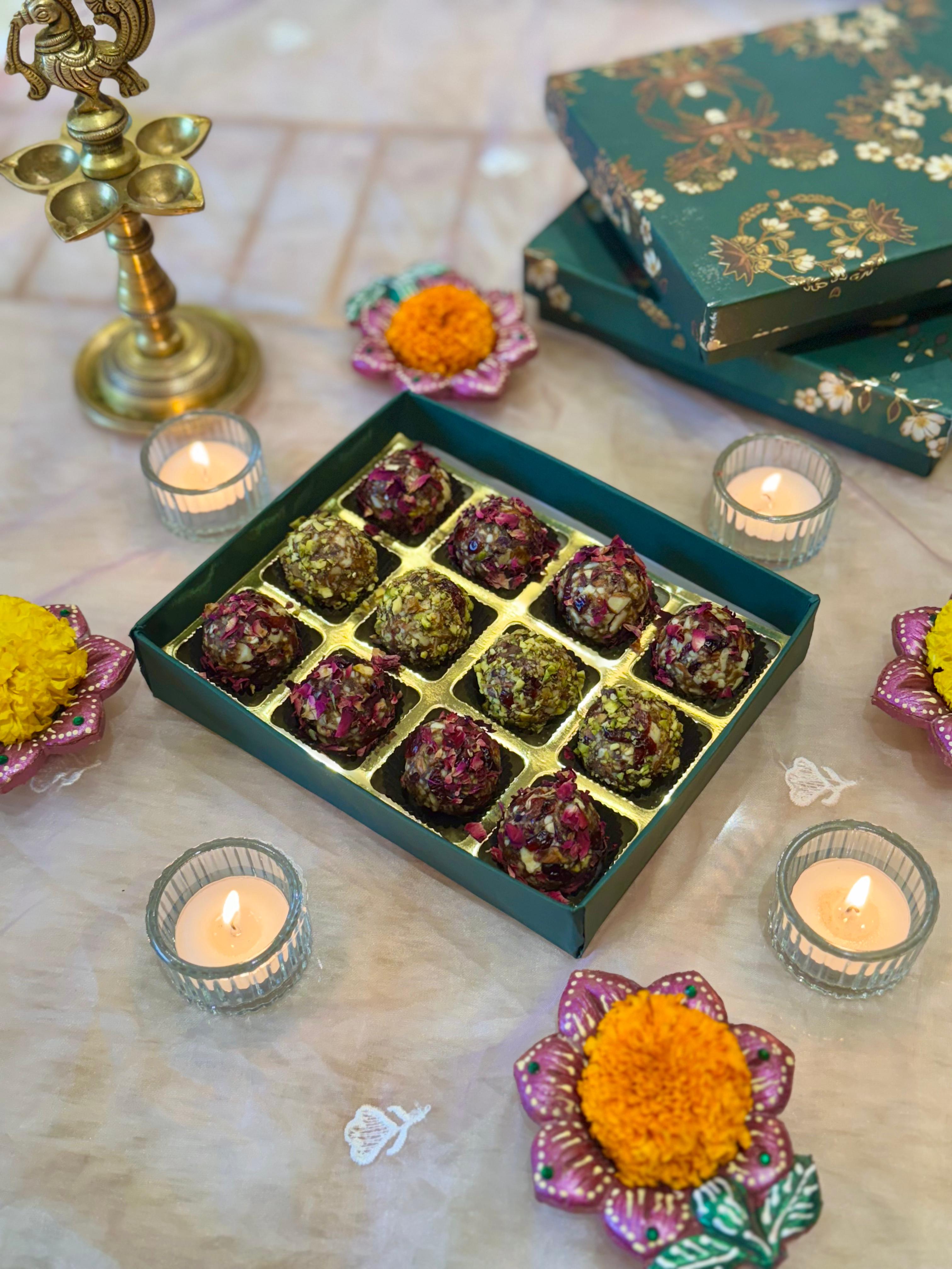 Fusion Ladoo Box - Naturally Sweeteend With Dates Only - Flourless - Vegan, Gluten Free, No Added Colors & Preservatives Free - Box Of 12