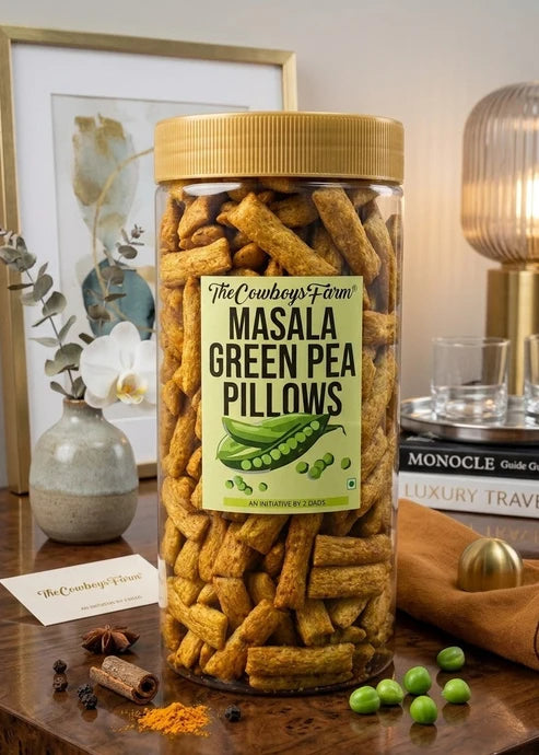 Masala Green Pea Pillows (Crunchy, Zesty Snack) - No Onion, No Garlic-No Palm Oil, No Msg & Preservatives Free โ The Cow Boys Farm - 250gm