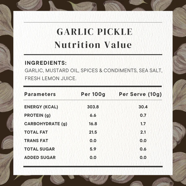 Pickle | Garlic Pickle (Home Made With Probiotic Goodness) - 100% Natural - Vegan, No Added Colour & No Added Preservatives - Golden Grass - 200gm