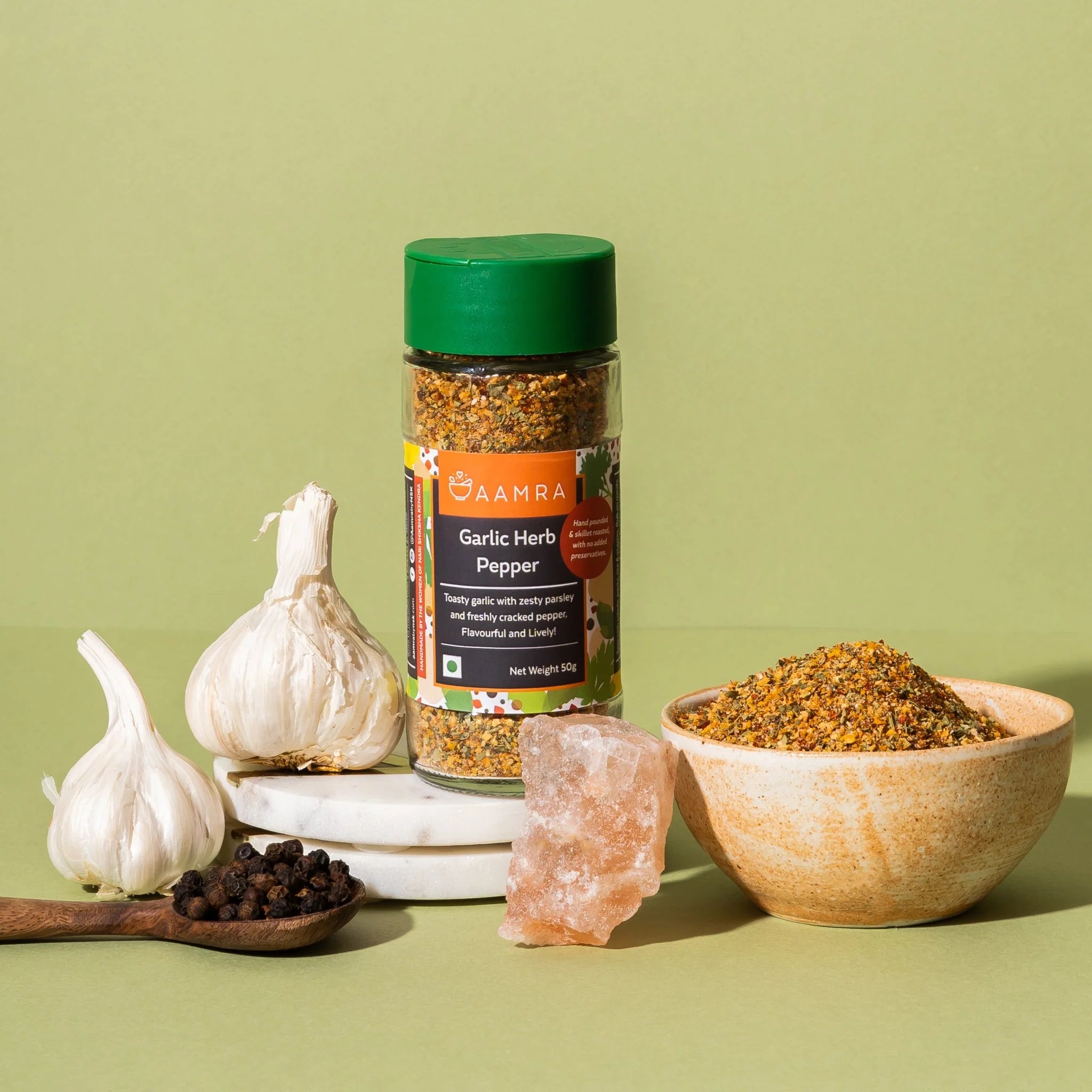 Garlic Herb Pepper | Hand Pounded & Skillet Roasted - No Added Preservatives - Aamra - 50gm