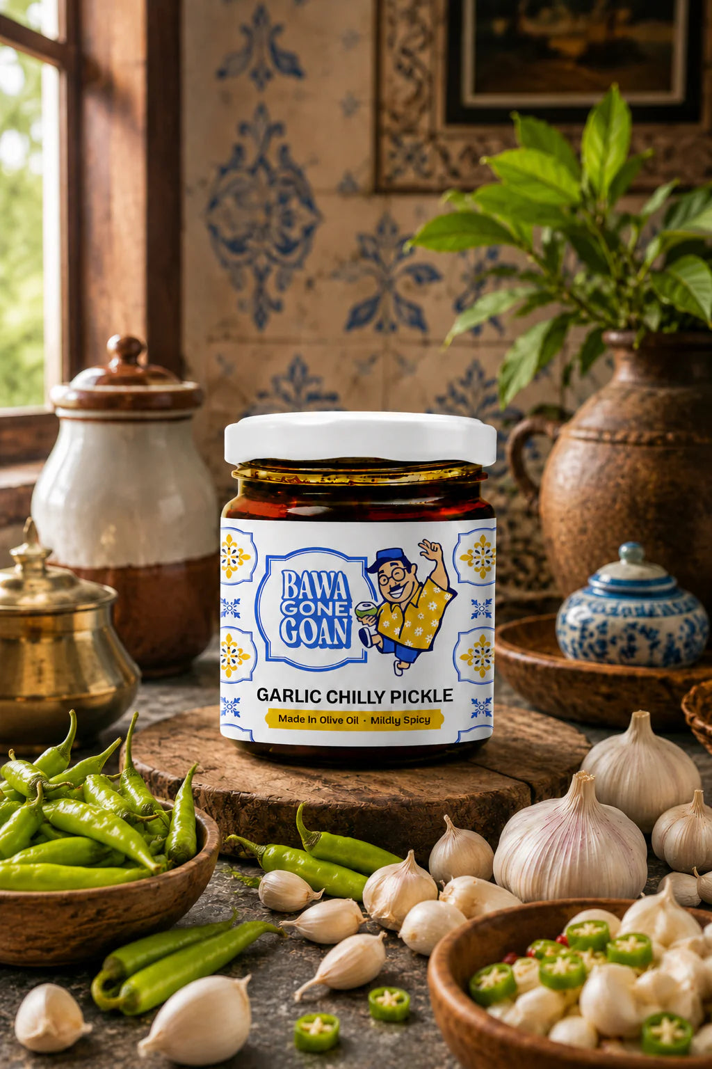 Pickle | Garlic Chilly Pickle -Made in 100% Olive Oil- Made with Whole & Crushed Garlic - Non Refined Oil & No Artificial Preservatives –Bawa Gone Goan- 180gm