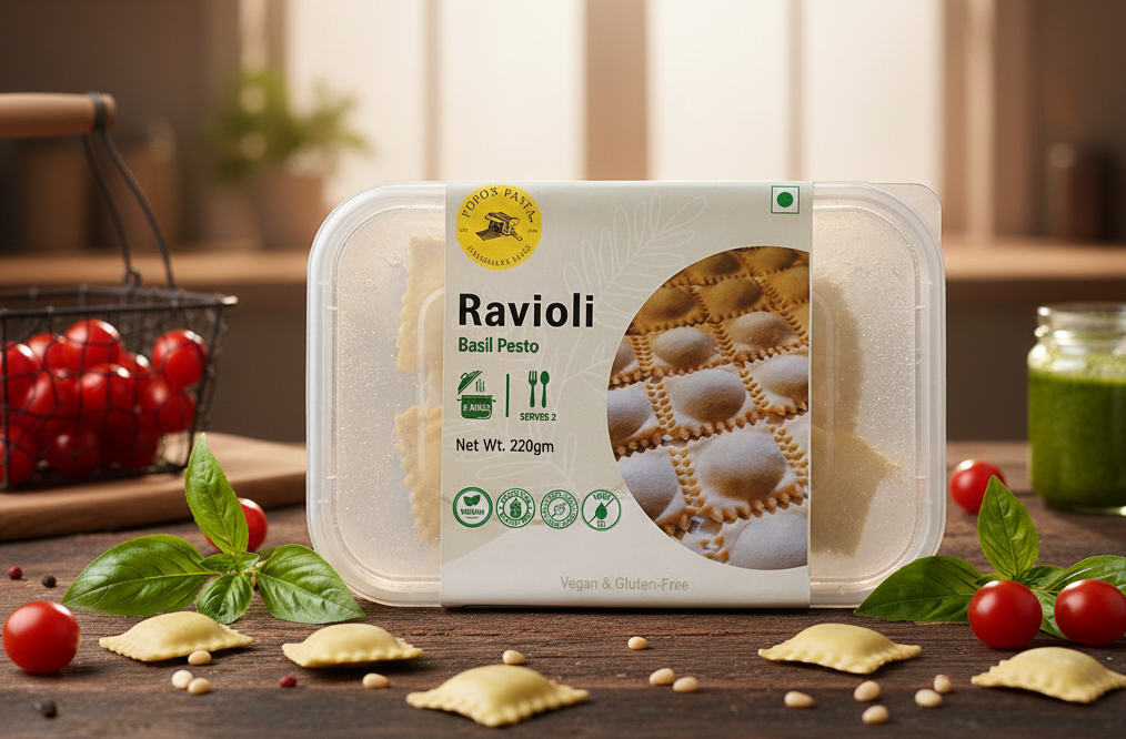 Pasta | Basil Pesto & Ricotta Ravioli - Handmade - Eggless & No Maida - Nature&