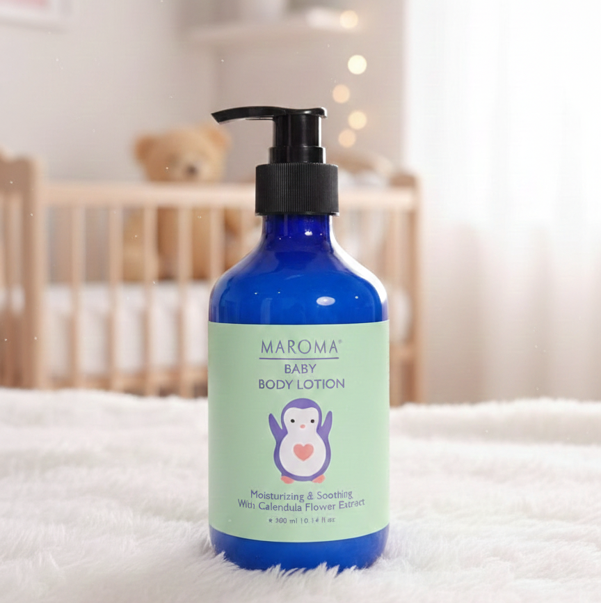 Body Lotion | For Baby (With Calendula Extract, Olive Butter, Shea Butter, Organic Olive Oil & Avocado Oil) - Moisturising & Nourishing - 100% Natural - Vegan, Cruelty Free, Palm Oil Free, No Parabens & No Synthetic Fragrances - Maroma - 300ml