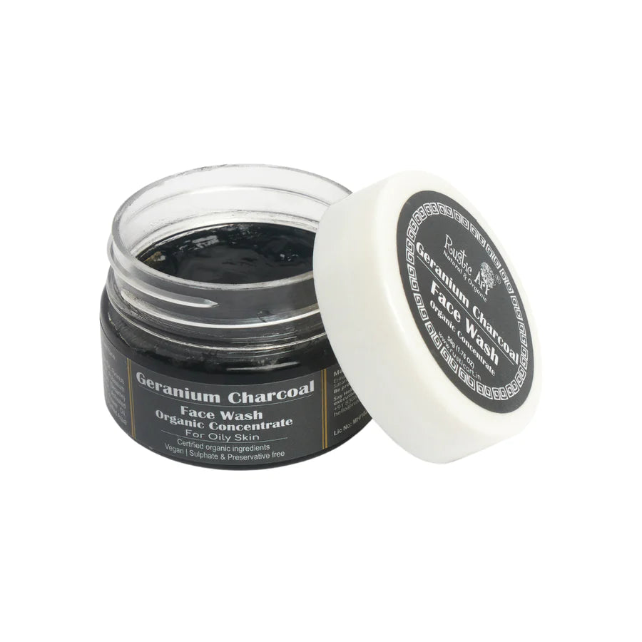 Face Wash | Geranium Charcoal (Concentrate) - For Oily Skin - Vegan, Sulphate Free & Preservative Free - Rustic Art - 125gm