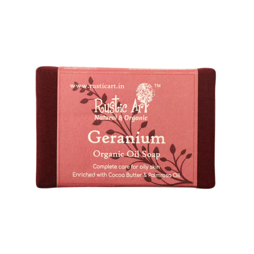 Soap | Geranium Organic Oil Soap (Enriched With Cacao Butter & Palmrosa Oil) – For Oily Skin – Rustic Art – 100gm