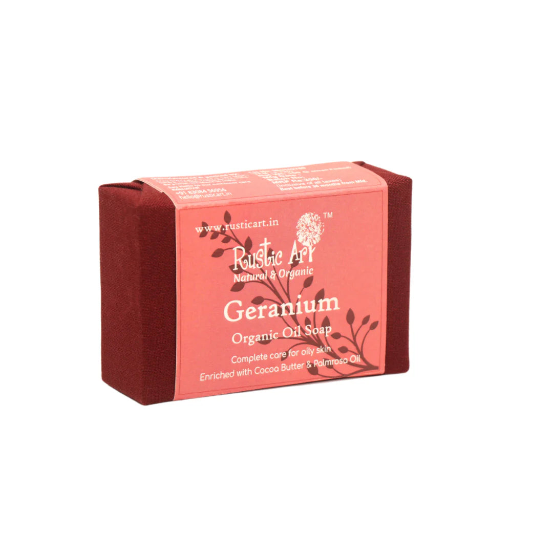 Soap | Geranium Organic Oil Soap (Enriched With Cacao Butter & Palmrosa Oil) – For Oily Skin – Rustic Art – 100gm