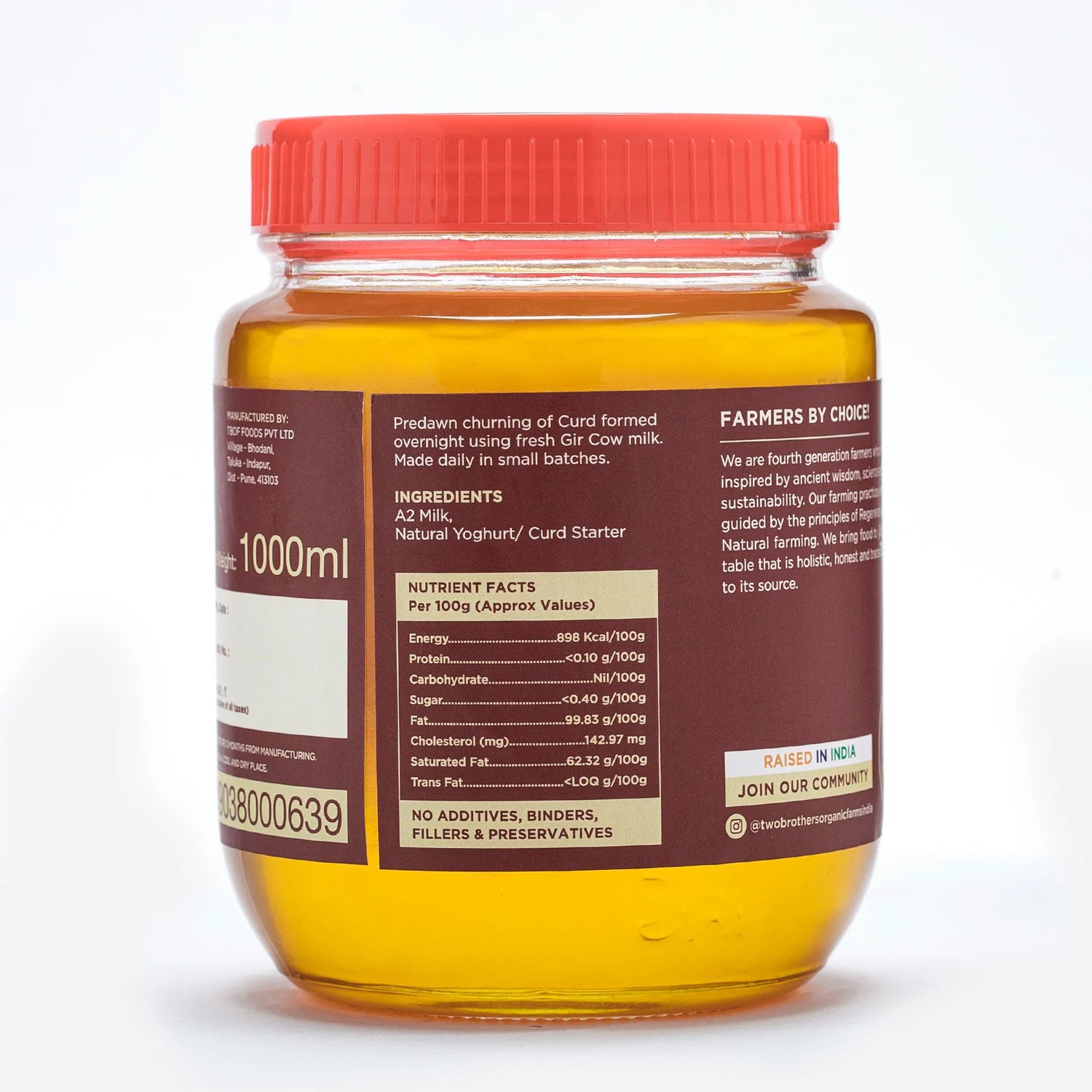 Ghee | A2 Cultured Desi Gir Cow Ghee - Free Grazed & Handmade - Natural - Indian - Two Brothers – 1000ml