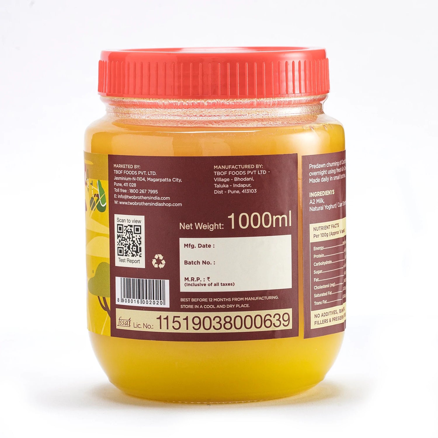 Ghee | A2 Cultured Desi Gir Cow Ghee - Free Grazed & Handmade - Natural - Indian - Two Brothers – 1000ml