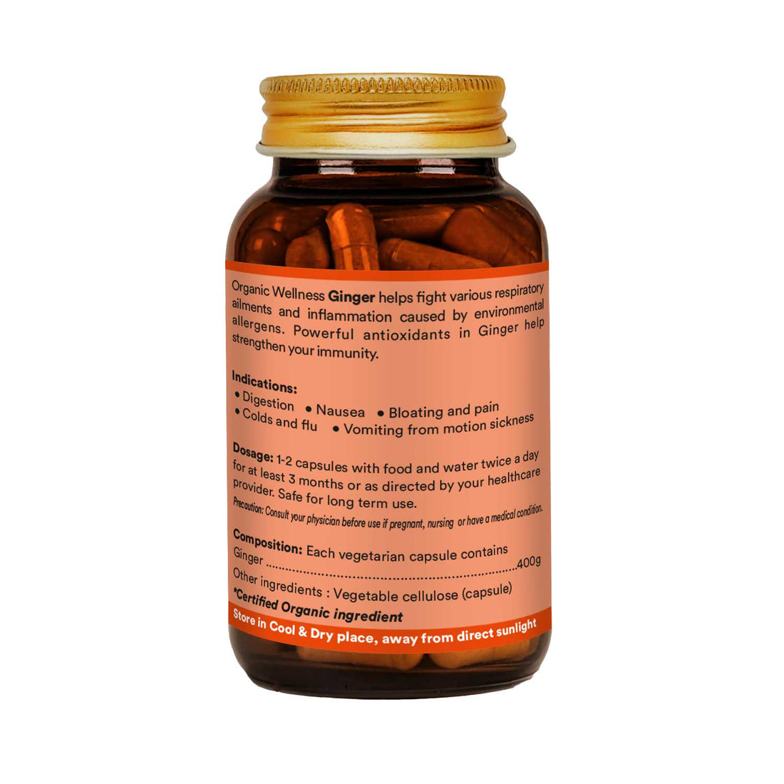 Ginger -Immune Strengthener, Stomach comfort Relief -No Artificial Additives- Organic Wellness - 90 Vegetarian Capsules