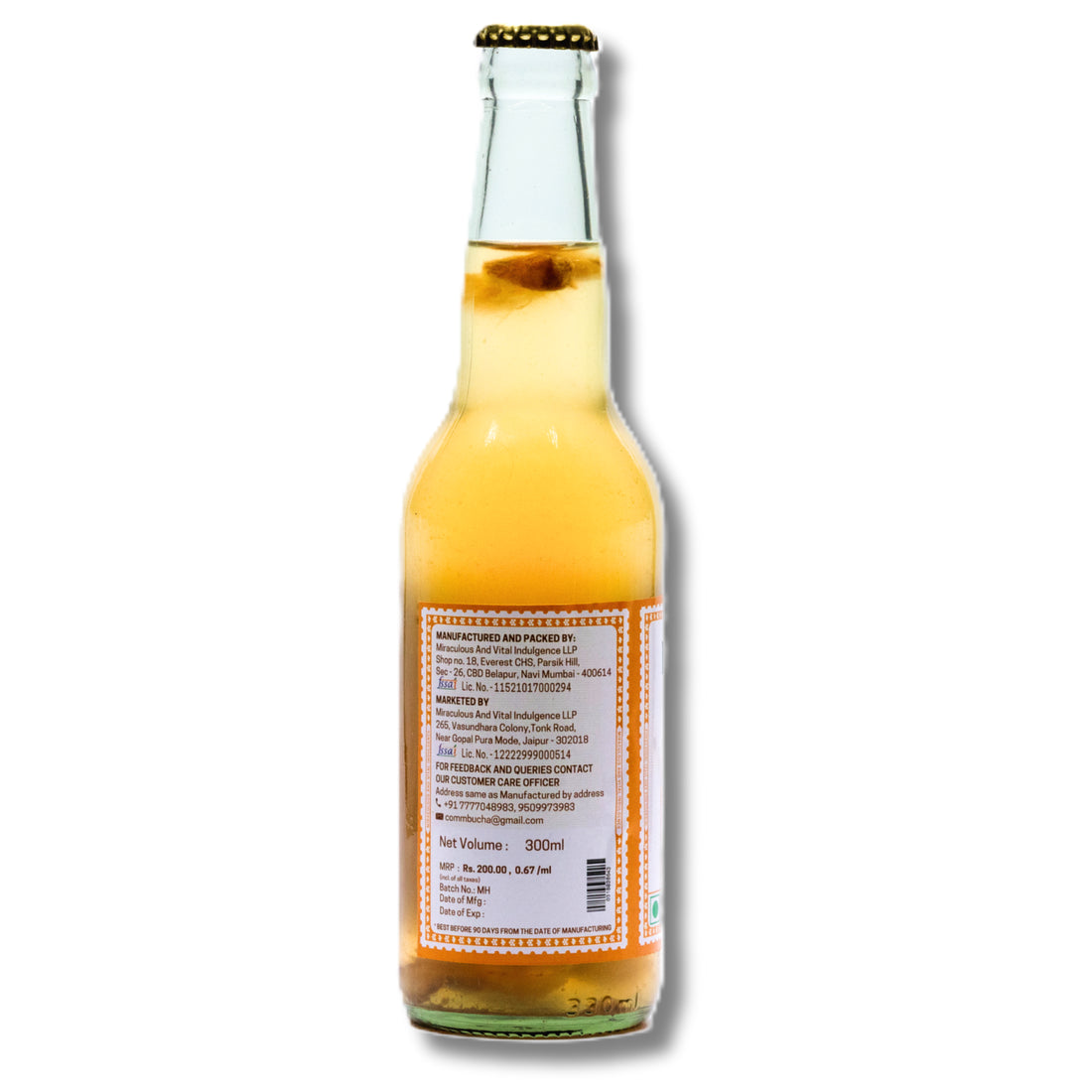 Kombucha | Ginger Honey Kombucha - Raw & Unpasteurized - Non Alcoholic - No Added Flavours & No Preservatives - MAVI’s - 300ml