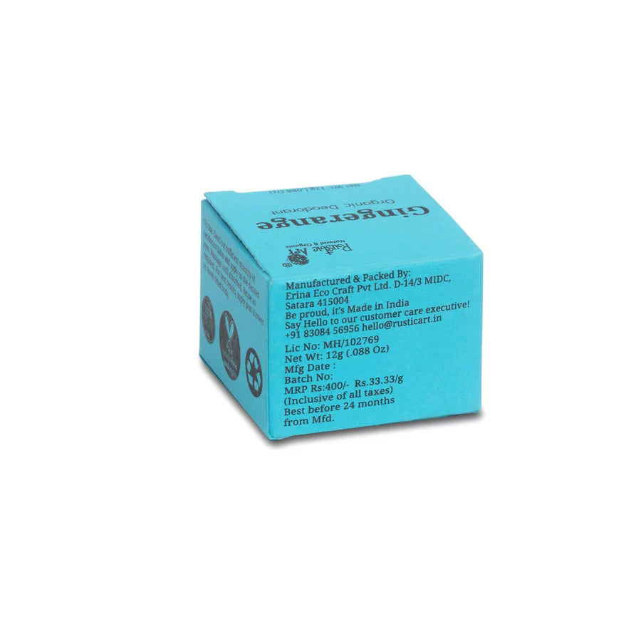 Deodorant | Gingerange + Orange - Deodorant (With Vitamin E) - Organic - Free Of Alcohol & Aluminum – Rustic Art – 12gm