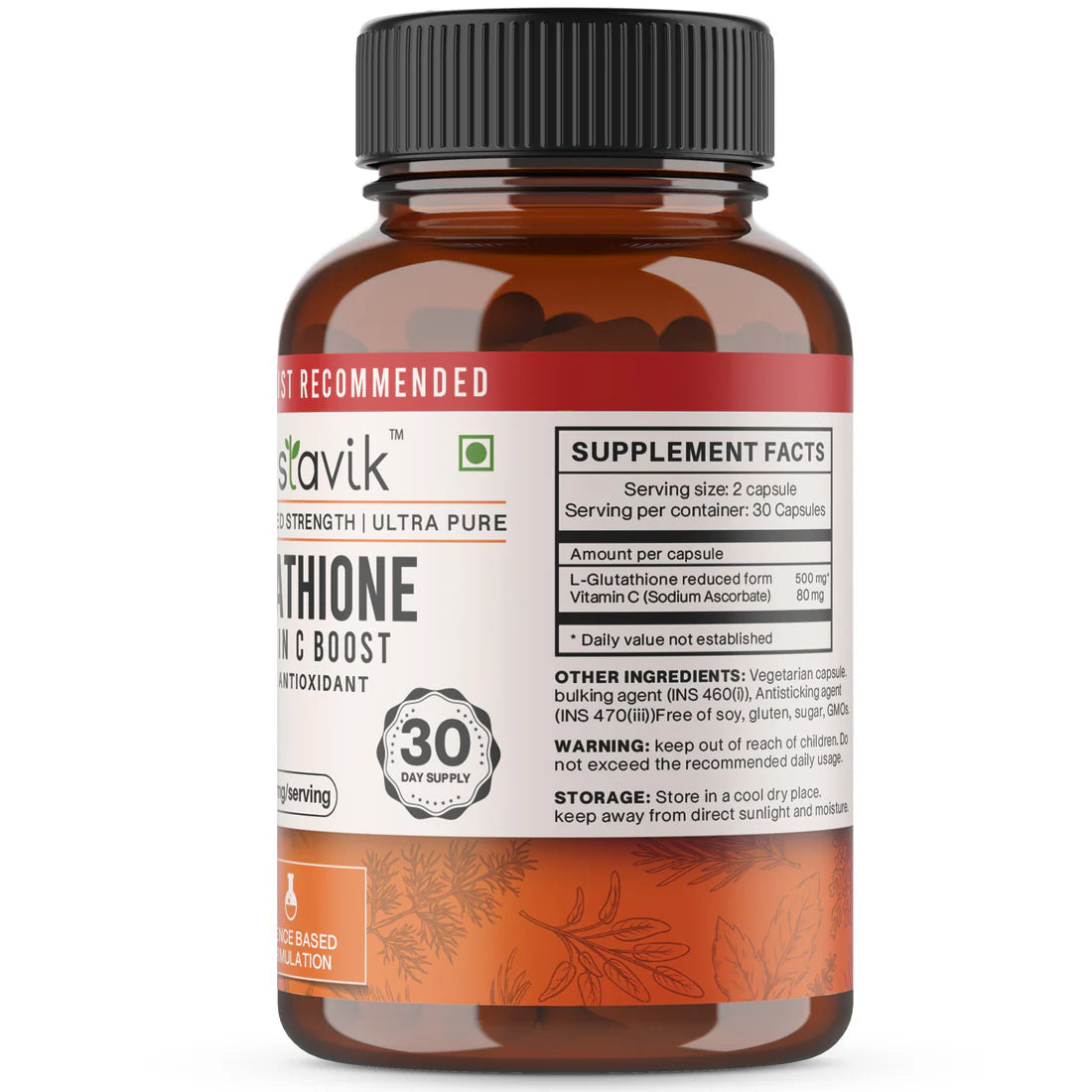 Glutathione | +Vitamin C Boost Master Antioxidant - No Added Sugar, Soy Free, Gluten Free & Non GMO - Vaastavik - 60 Veg Capsules